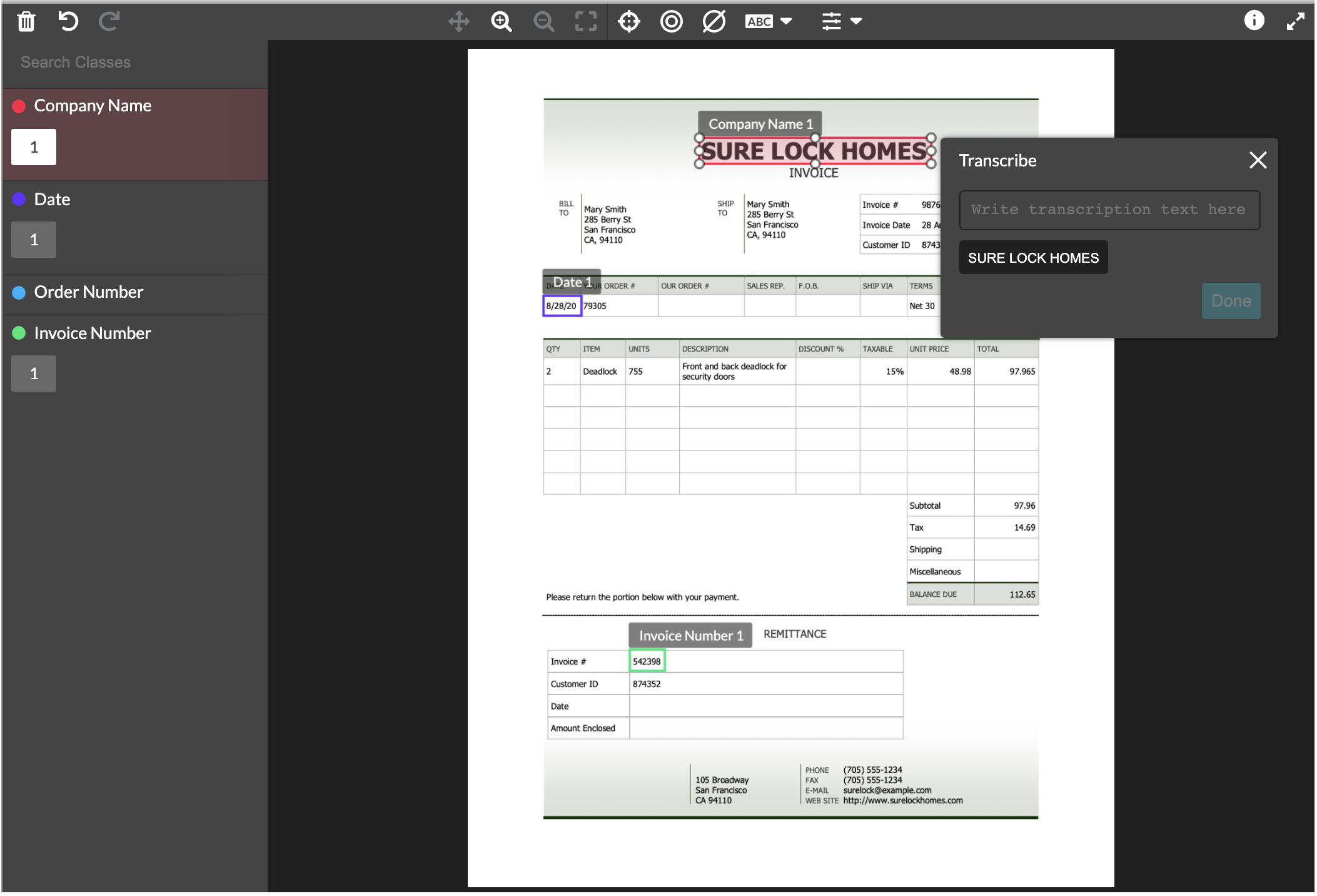 Annotating a scan of an invoice. Company name highlighted, ML platform accurately predicted the text highlighted.