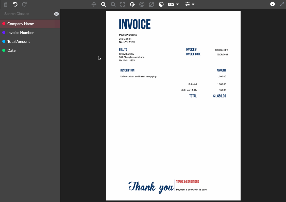 ML platform guessing each text section on an invoice