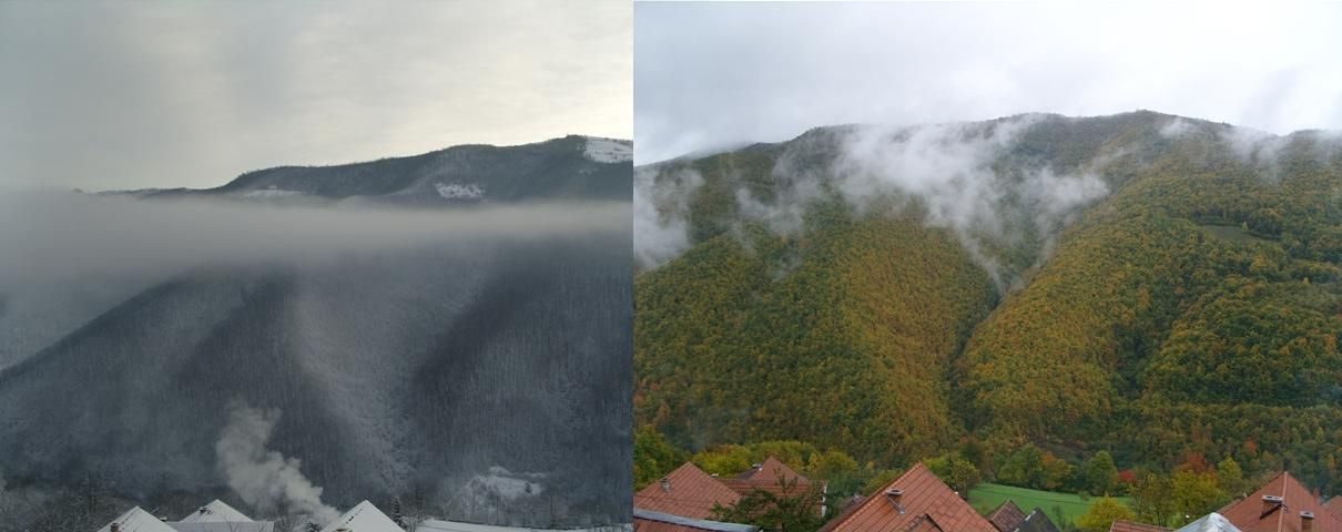 Two images side by side, left is a hillside obscured by fog, left is the same hillside but on a clear day.
