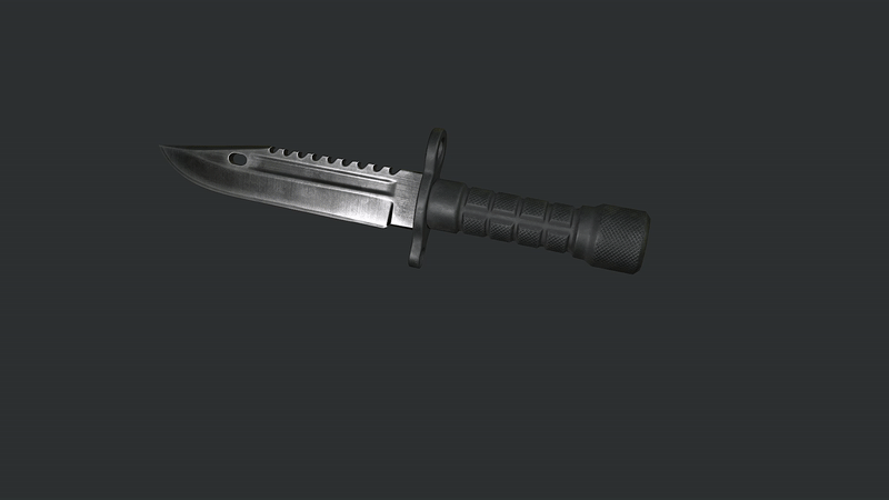 A photorealistic render of a hunting knife rotating to show all angles.